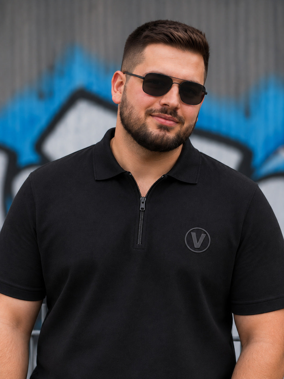 Black Interlock Plain Plus Size Zipper Polo T-shirt