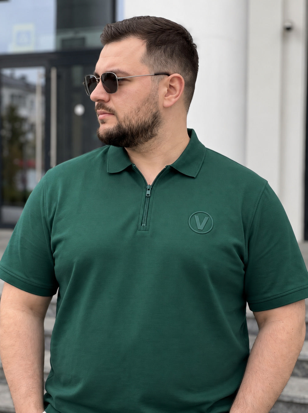 Green Interlock Plain Plus Size Zipper Polo T-shirt