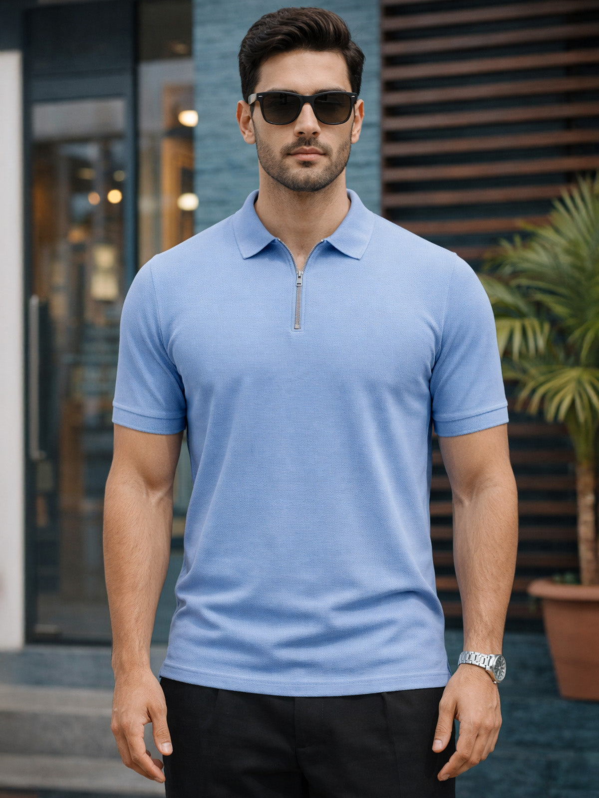 Blue Pique Plain Regular Fit Zipper Polo T-shirt