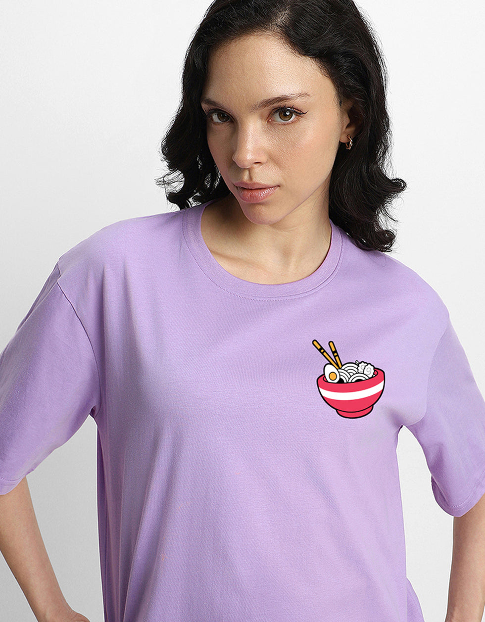 Ramen Women Lilac Oversized Back Graphic Printed Tshirt