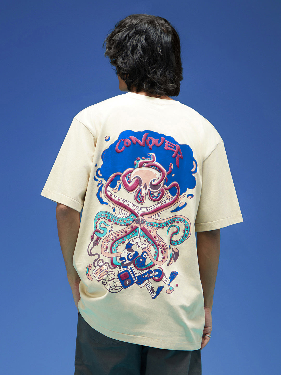 Conquer SwanWhite Oversized Puff Printed Exclusive T-shirt