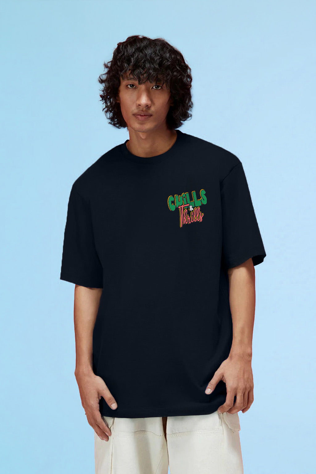 Chill Thrills Navy Oversized Puff Printed Exclusive T-shirt