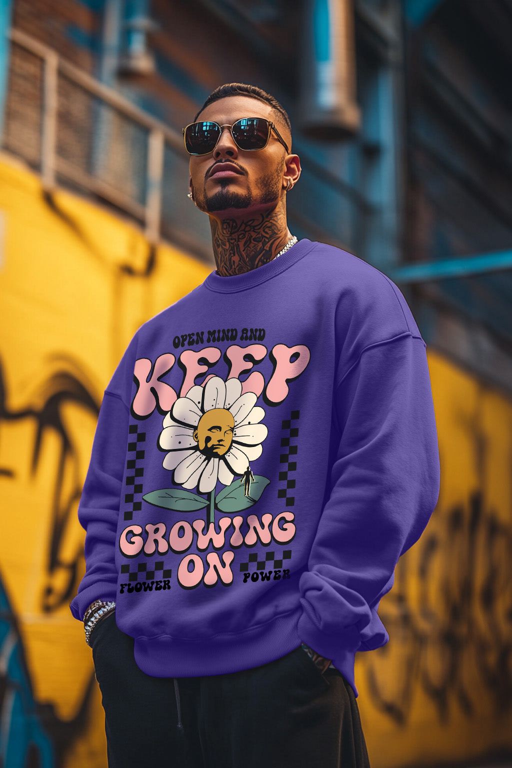 Keep Growing Purple Front Typographic Printed Sweatshirt