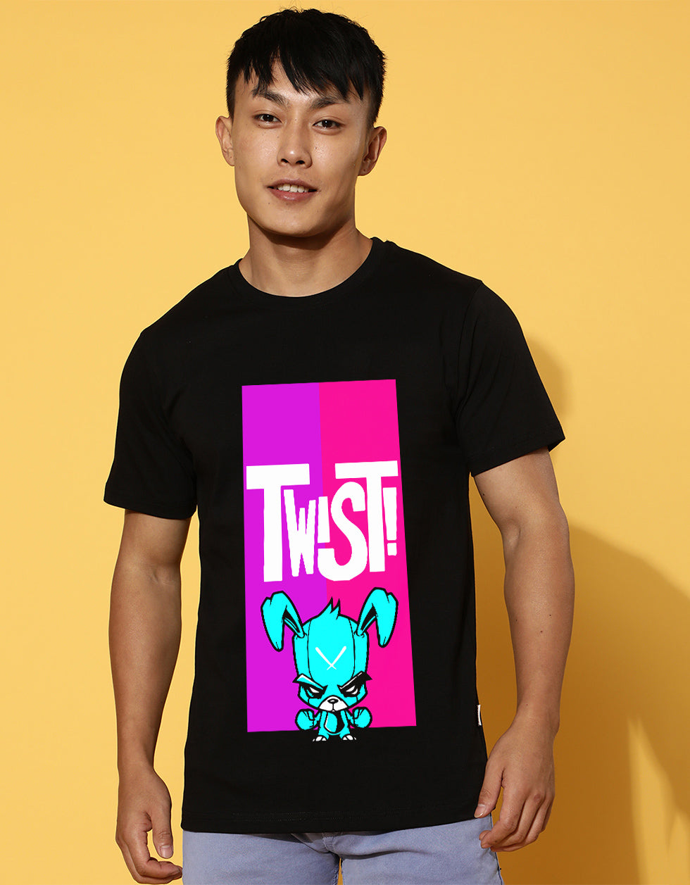 Twist Black Regular Front Typographic Printed Tshirt