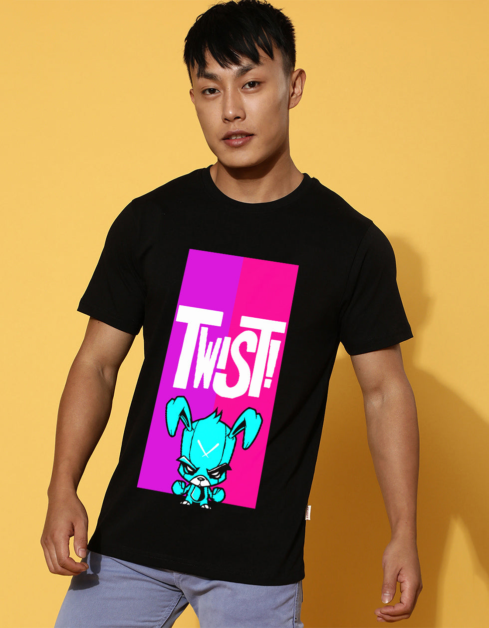 Twist Black Regular Front Typographic Printed Tshirt