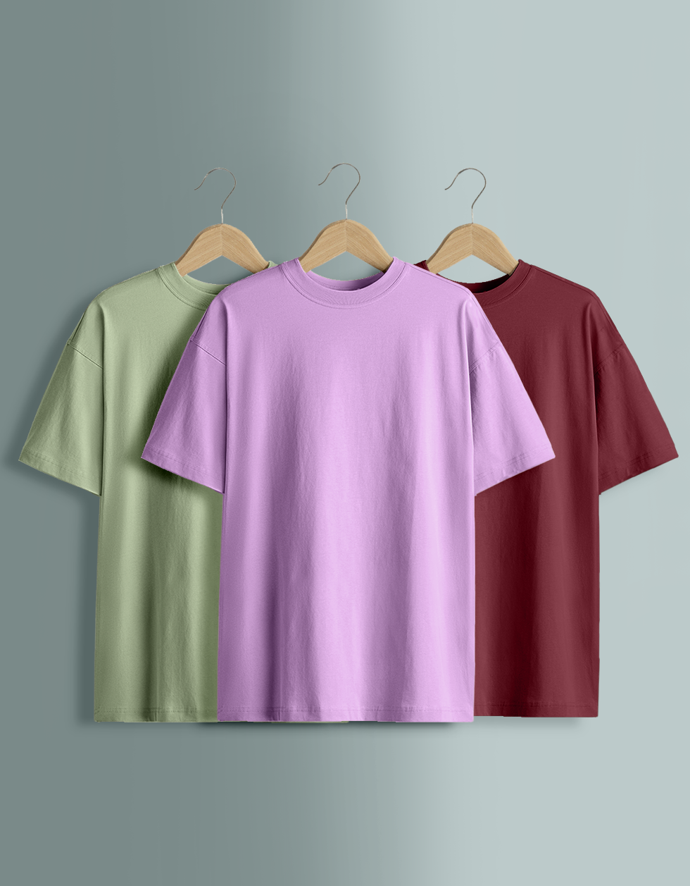 Pack of 3 Plain Oversized T-shirts: Maroon & Foggreen & Lilac