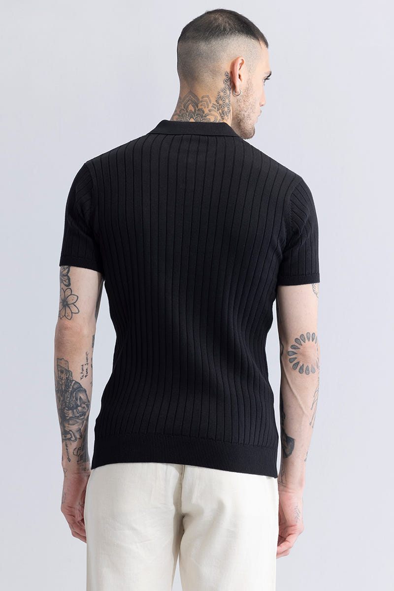 Black Ribbed Flatknit Textured Regular Fit Exclusive Polo T-Shirt