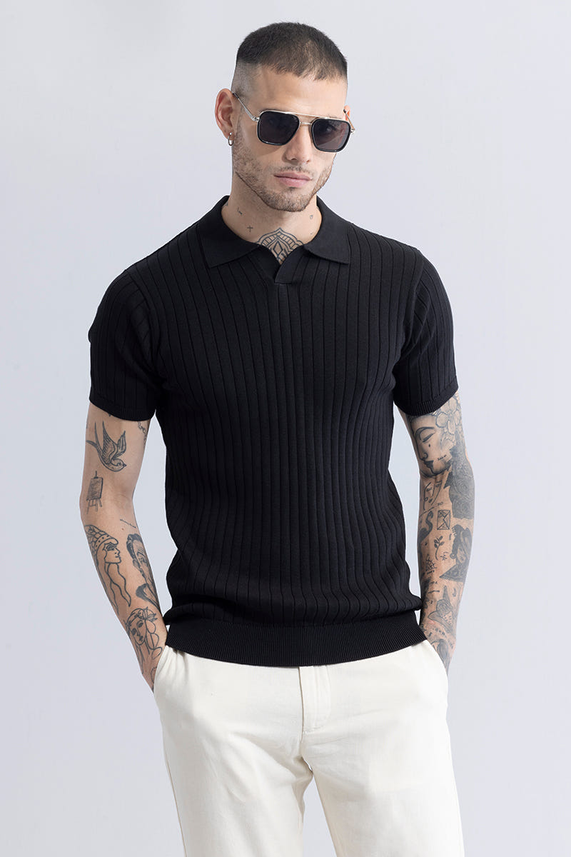 Black Ribbed Flatknit Textured Regular Fit Exclusive Polo T-Shirt