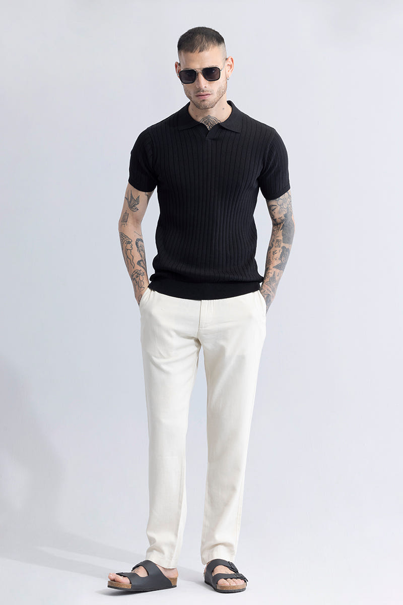 Black Ribbed Flatknit Textured Regular Fit Exclusive Polo T-Shirt