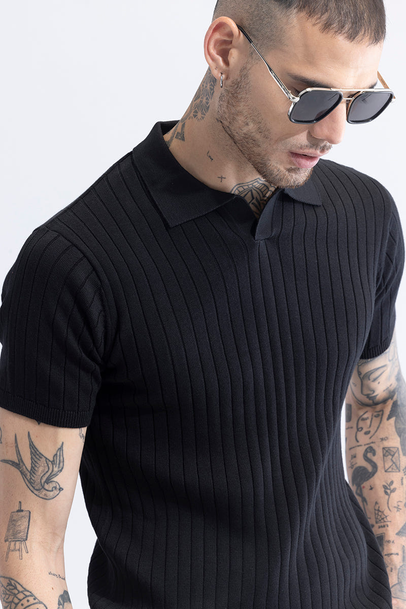 Black Ribbed Flatknit Textured Regular Fit Exclusive Polo T-Shirt