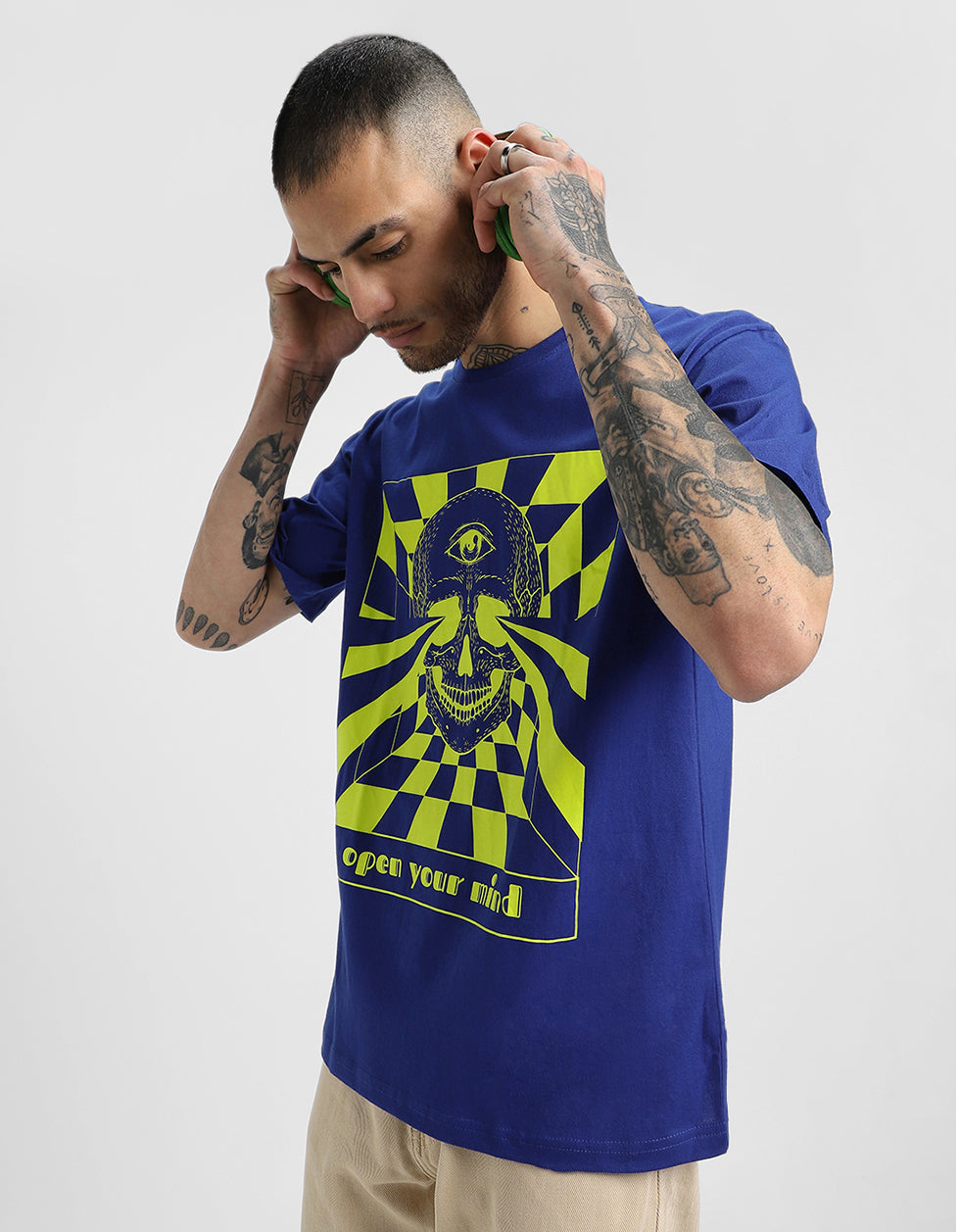 Mind-Open Blue Oversized Graphic Front Printed Tshirt