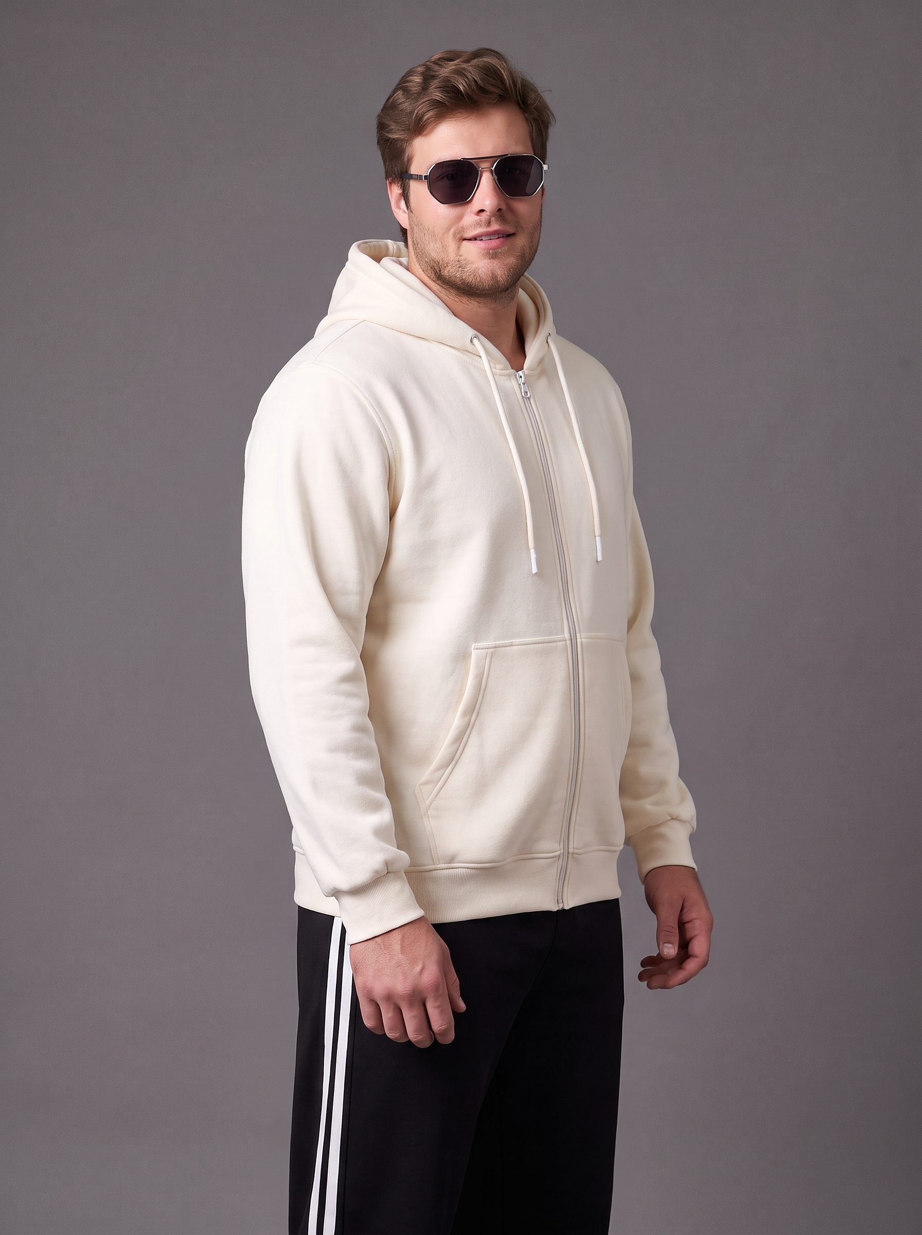 Beige Ribbed Cuff Regular Fit Zip-Up Plus Size Hoodie