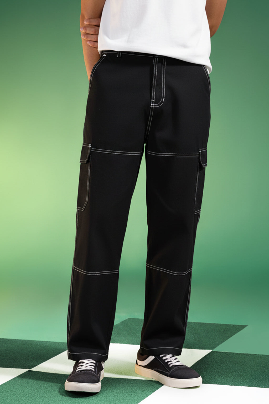 Black Pure Woven Straight Fit 5 Pocket Cargo
