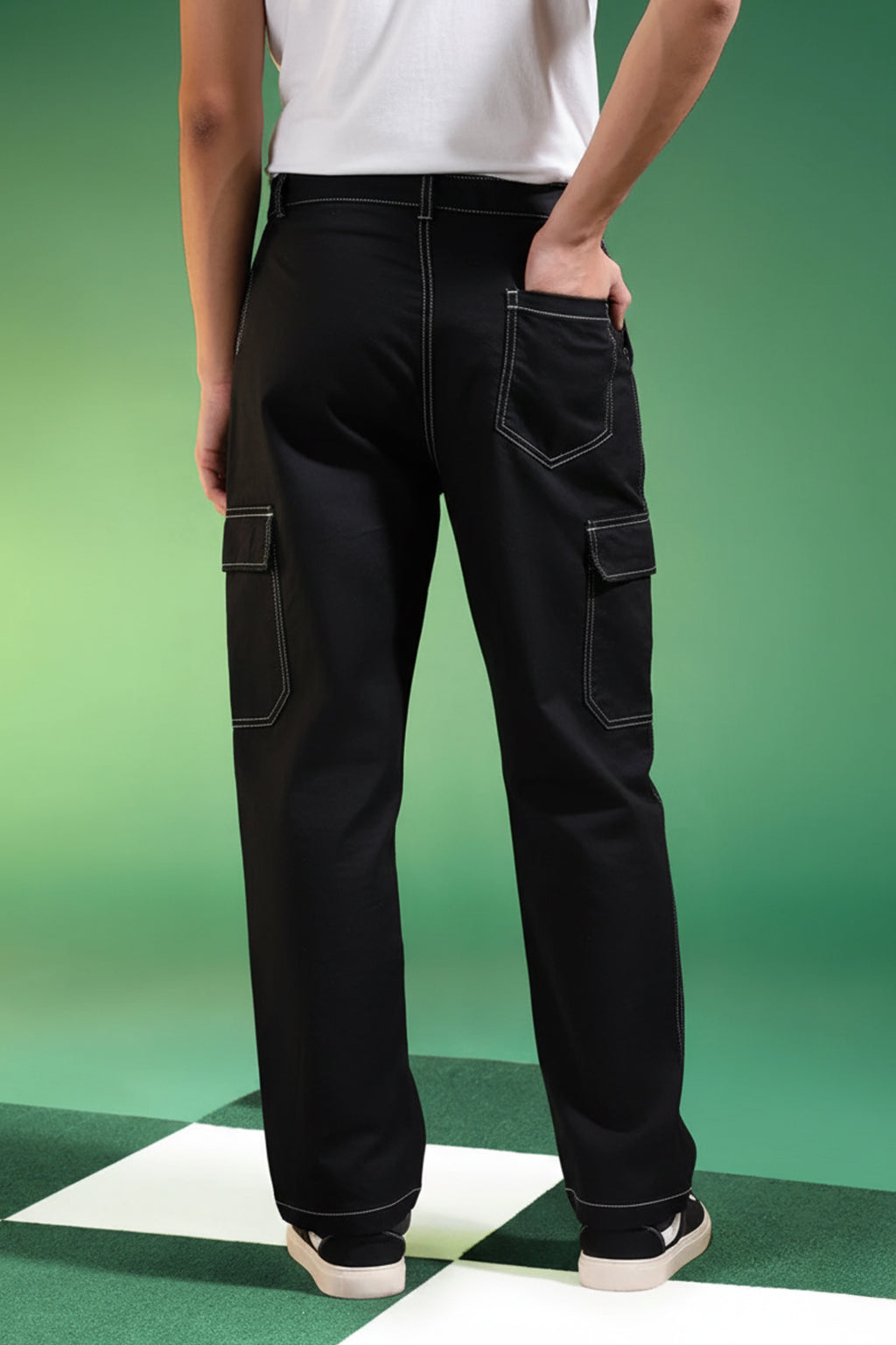 Black Pure Woven Straight Fit 5 Pocket Cargo