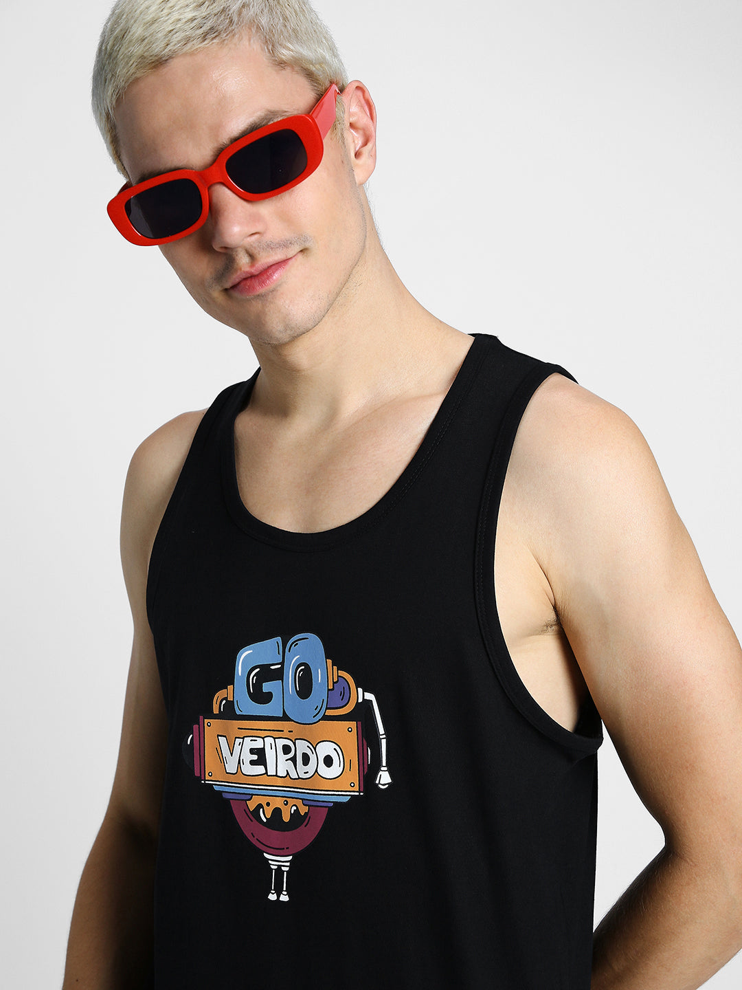 Go Veirdo Black Printed Gym Vest