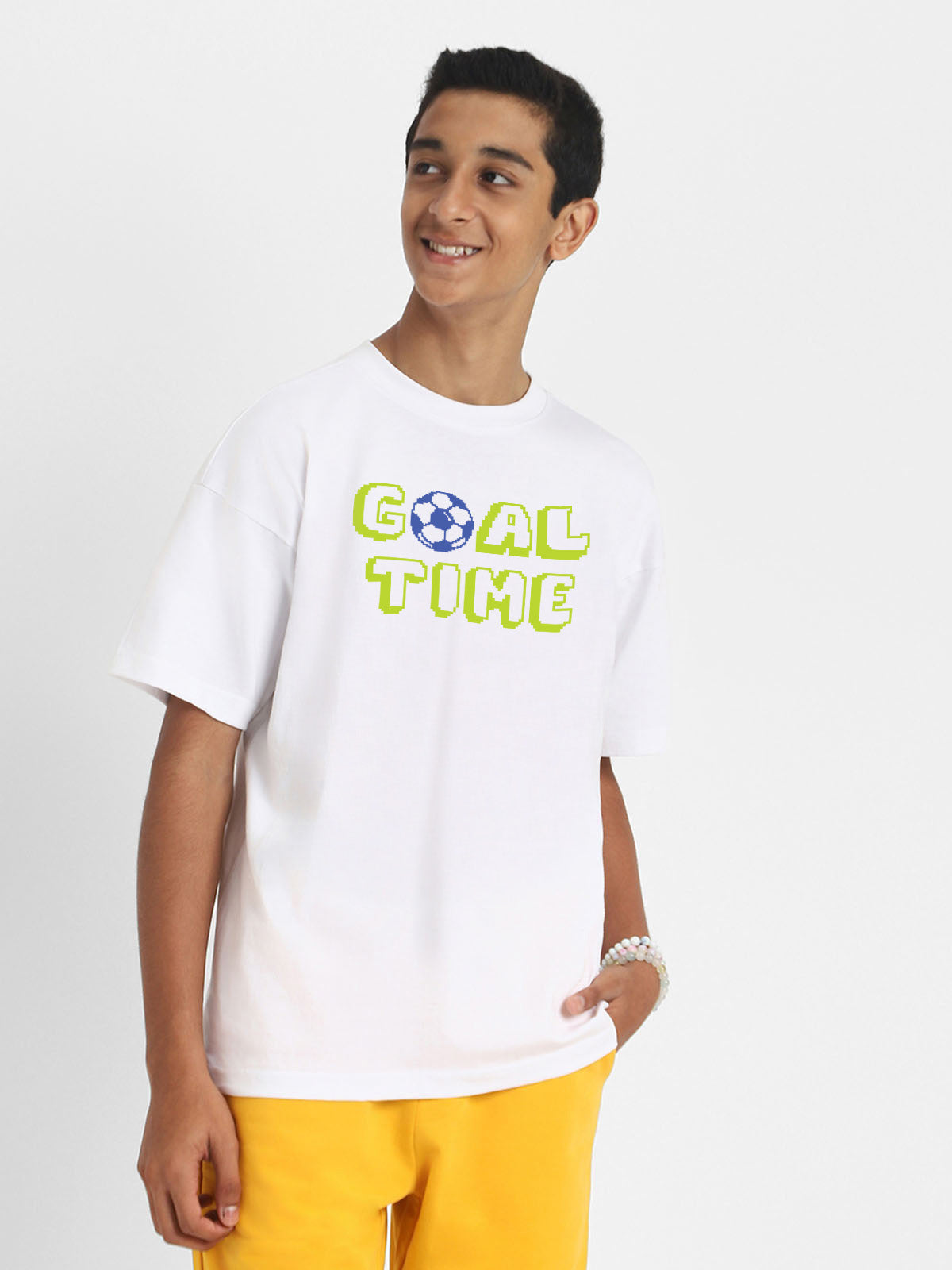 Goal Time White Oversized Graphic Printed Boys T-shirt