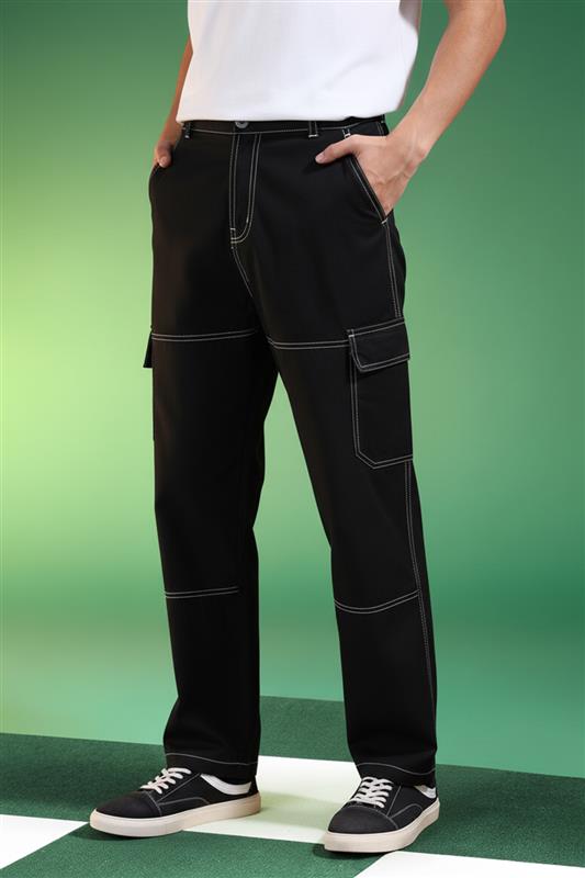 Black Pure Woven Straight Fit 5 Pocket Cargo