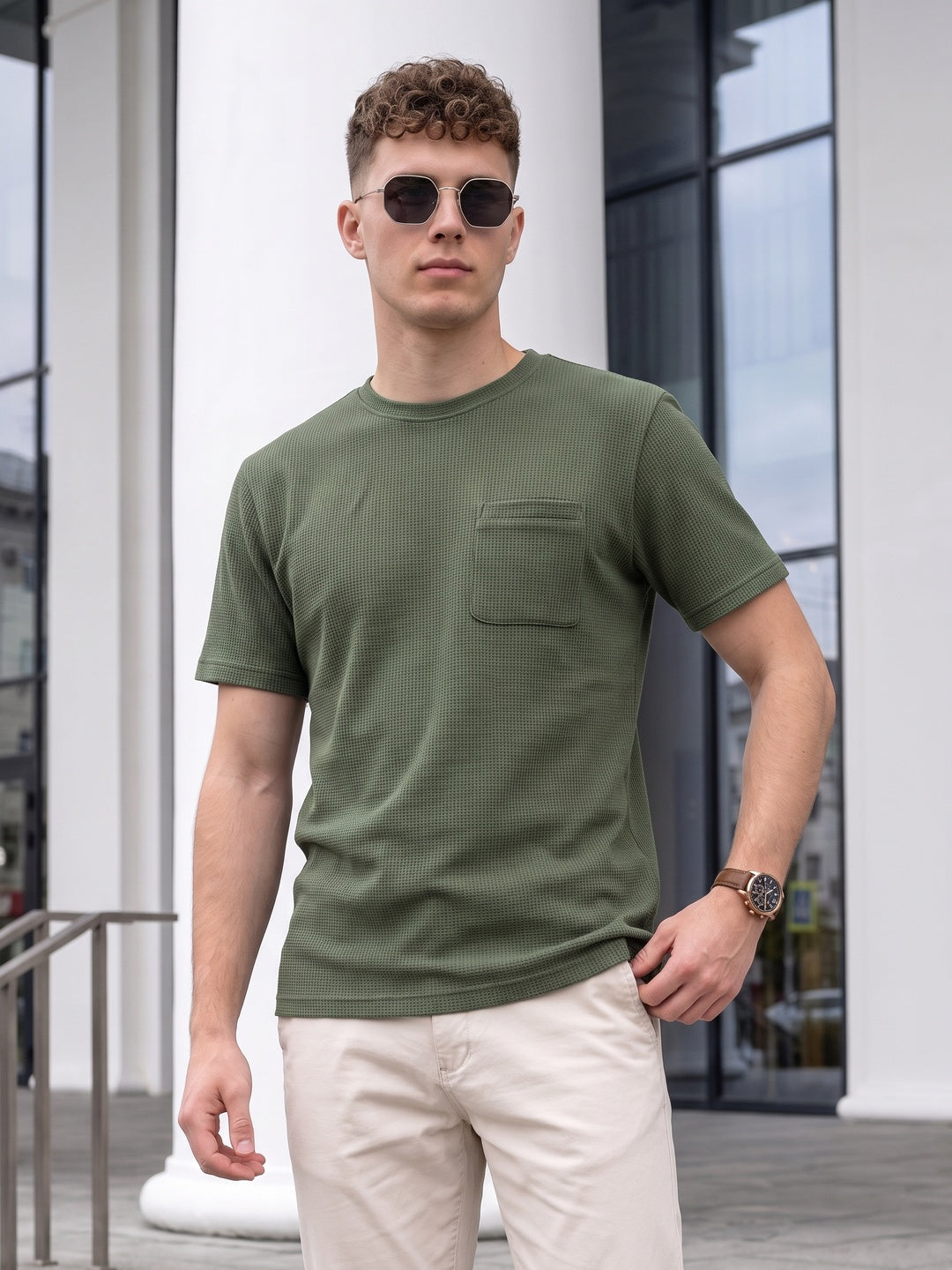 Olive Chest Pocket Waffle Textured Regular Fit T-Shirt
