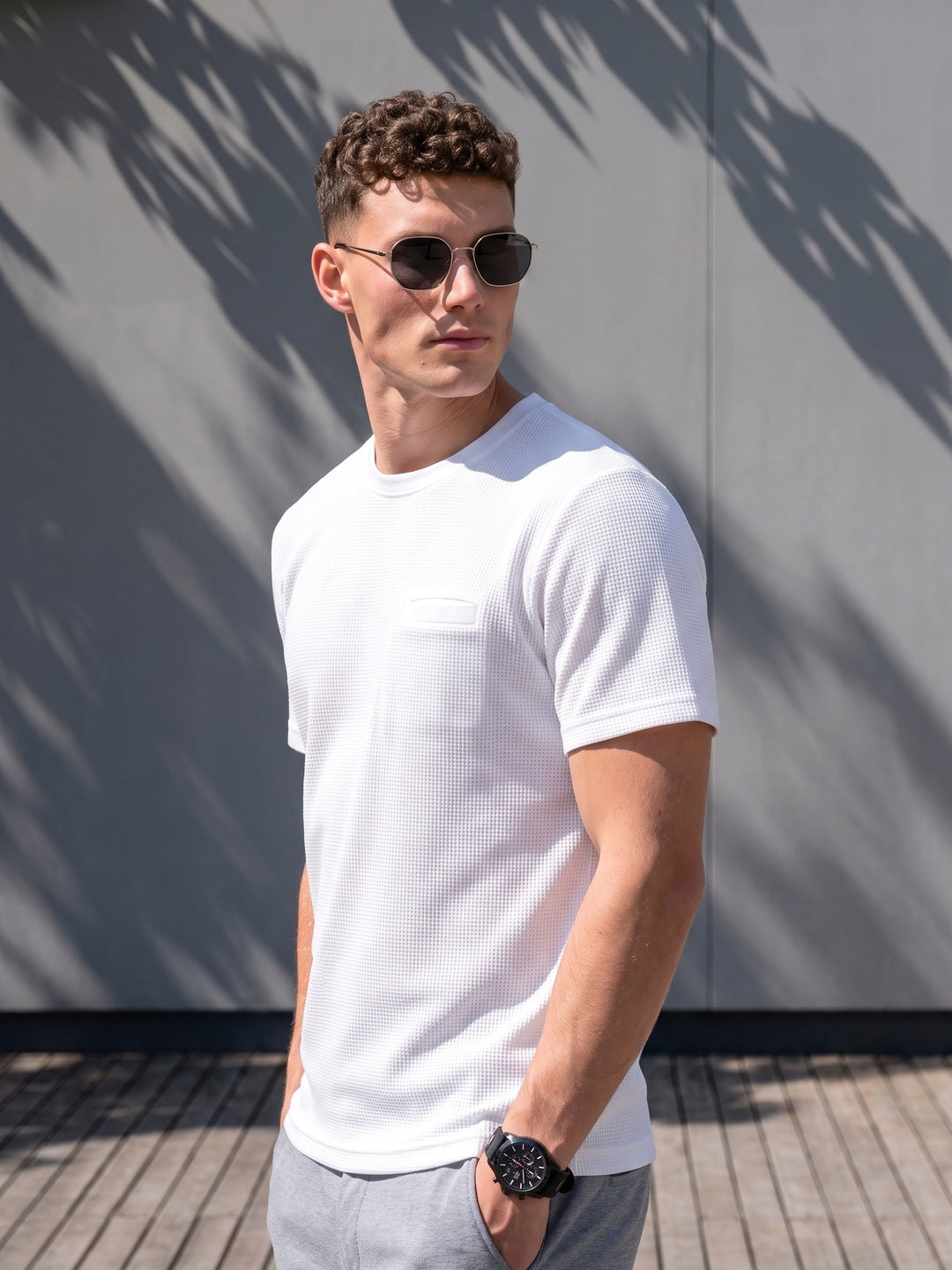 White Chest Pocket Waffle Textured Regular Fit T-Shirt