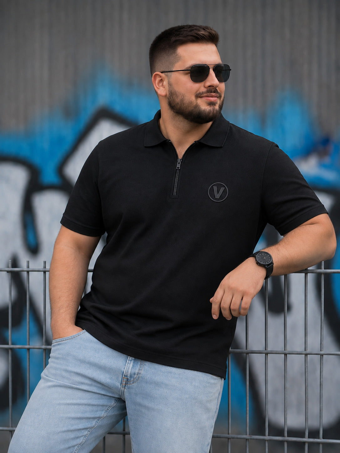 Black Interlock Plain Plus Size Zipper Polo T-shirt