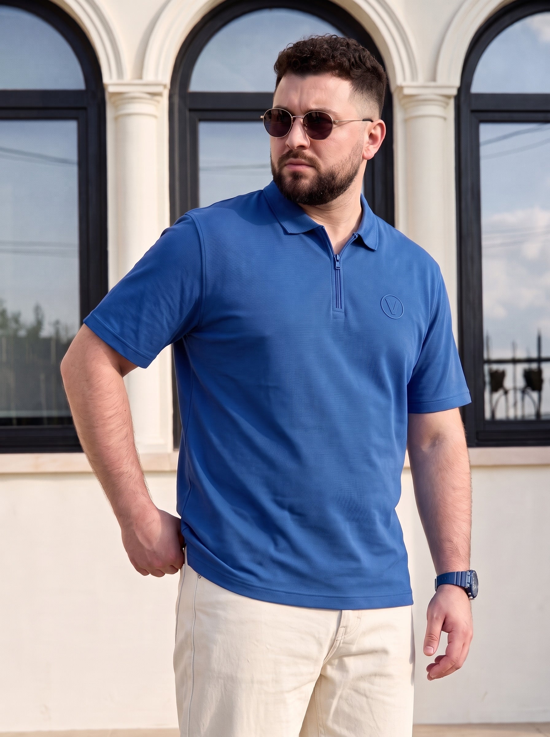 Royal Blue Interlock Plain Plus Size Zipper Polo T-shirt
