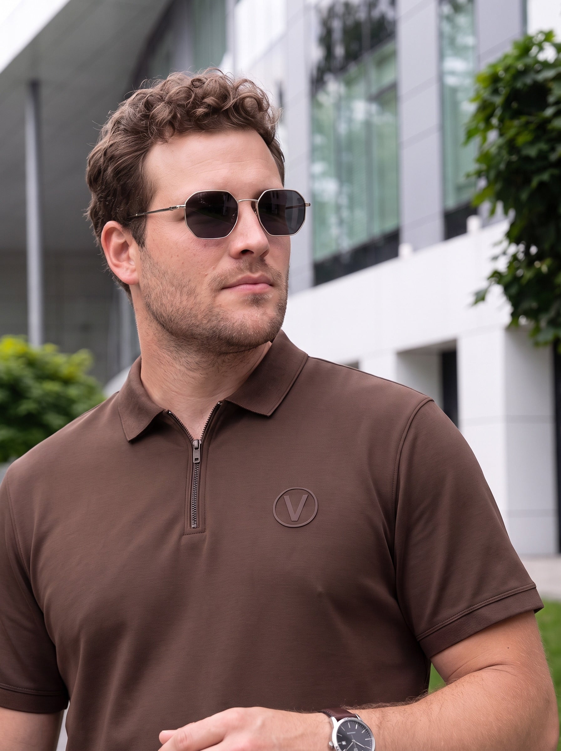 Brown Interlock Plain Plus Size Zipper Polo T-shirt