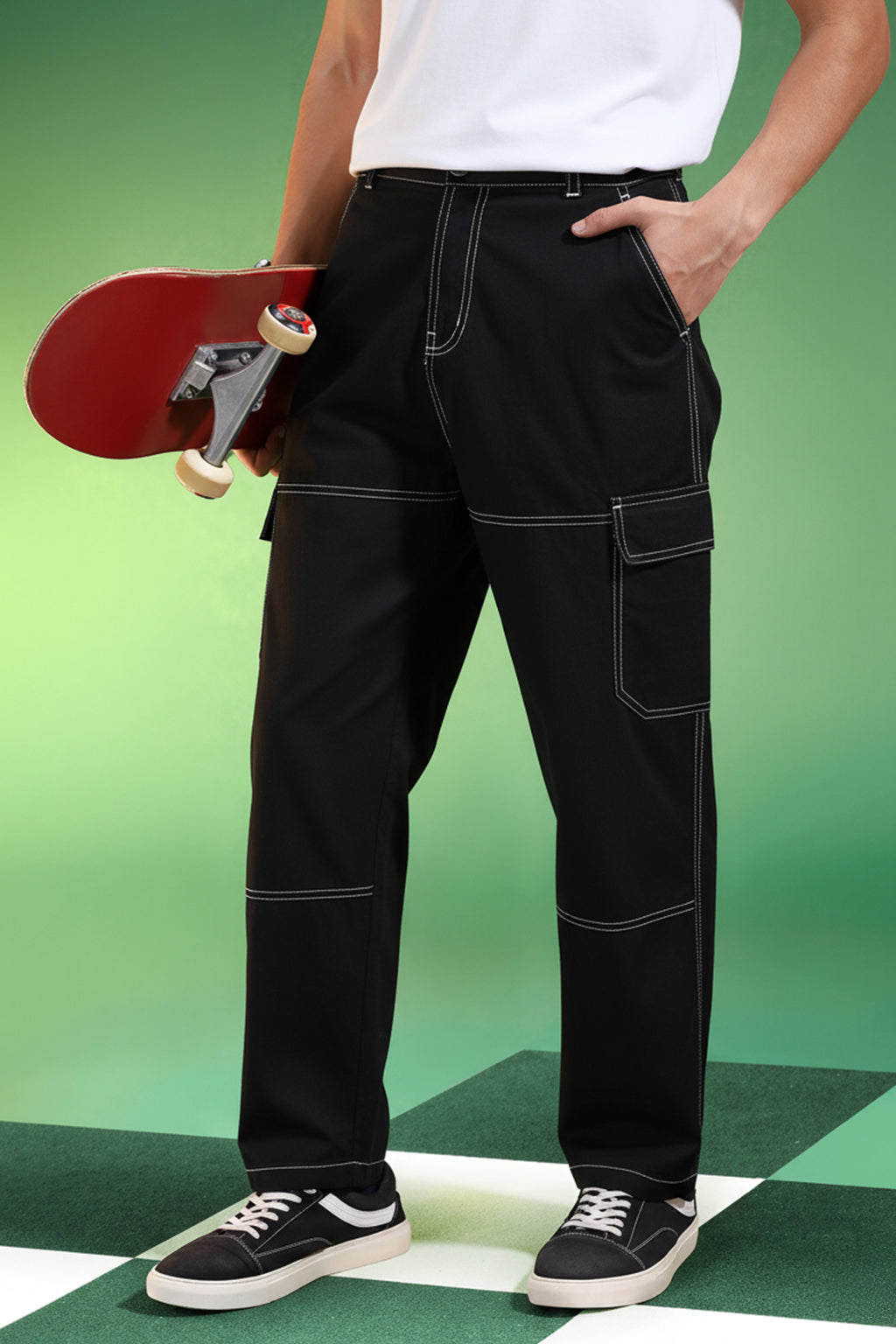 Black Pure Woven Straight Fit 5 Pocket Cargo