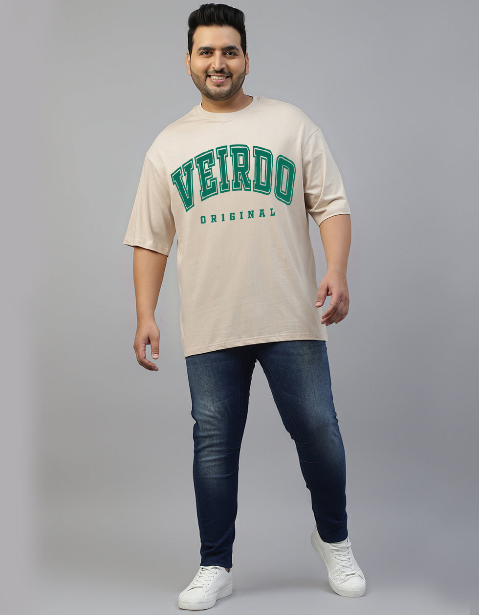 Veirdo Original Beige Oversized Plus Size Graphic Printed Tshirt