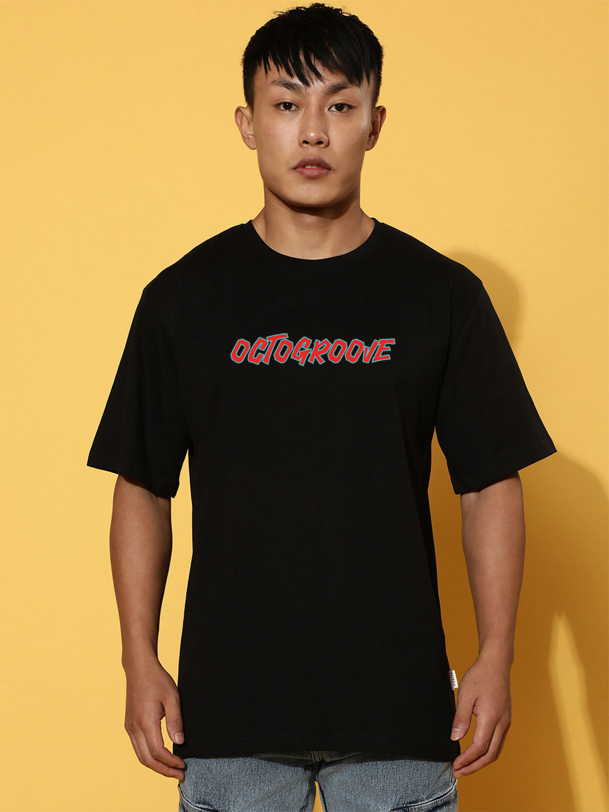 OCTOGROOVE Black Oversized Graphic Back Printed Tshirt