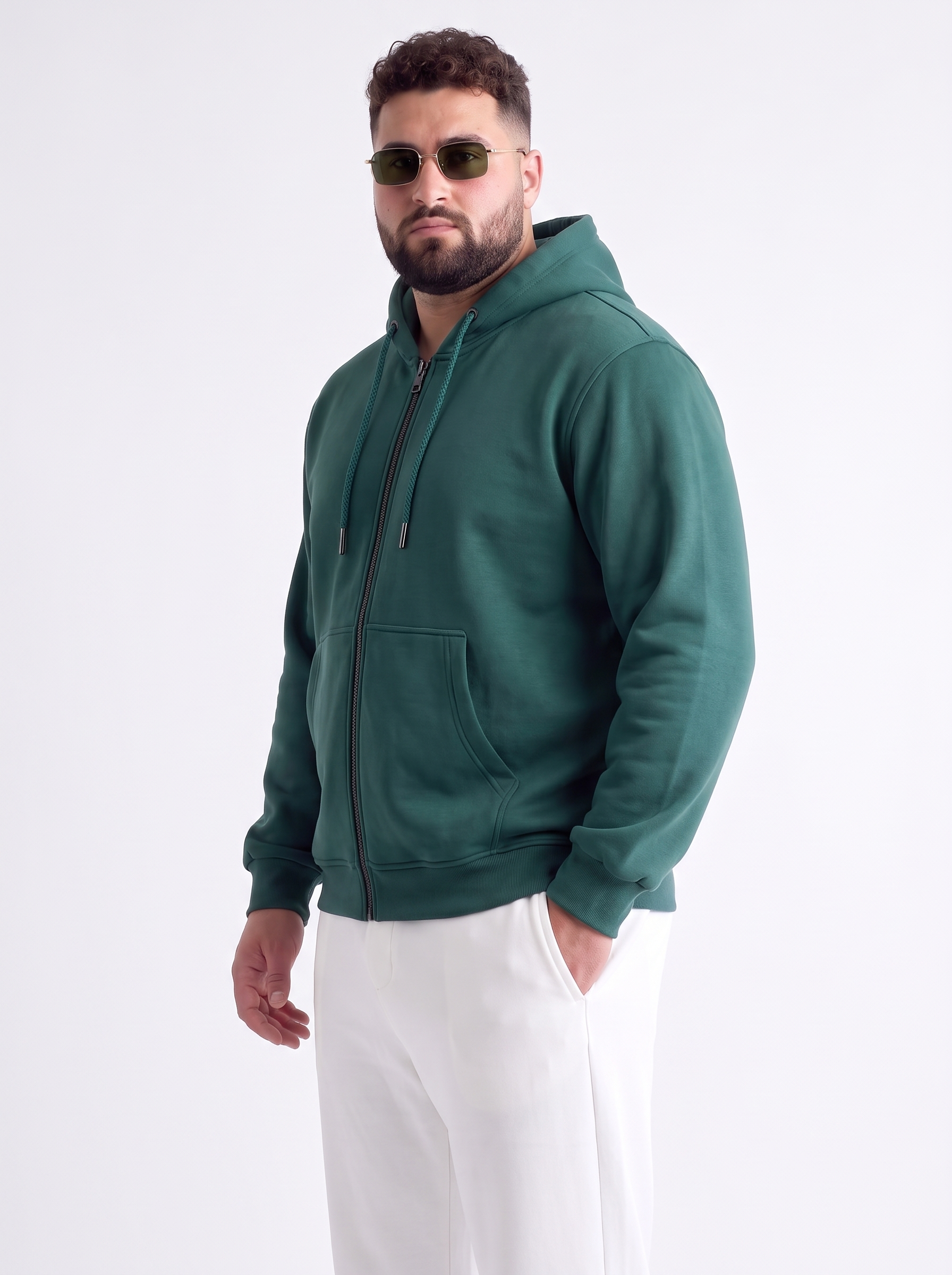 Green Ribbed Cuff Regular Fit Zip-Up Plus Size Hoodie