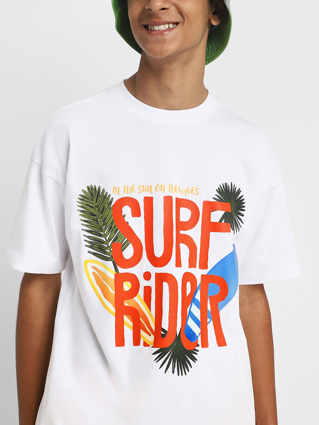 Surf Rider White Oversized Graphic Front Printed Boys T-shirt