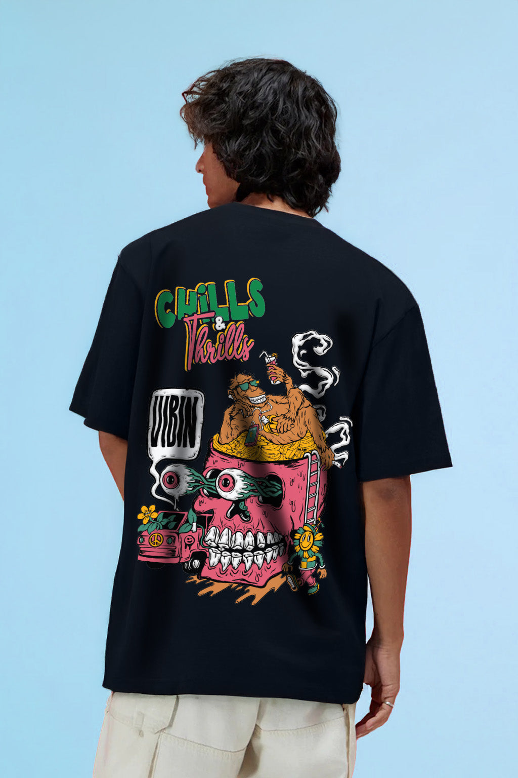 Chill Thrills Navy Oversized Puff Printed Exclusive T-shirt