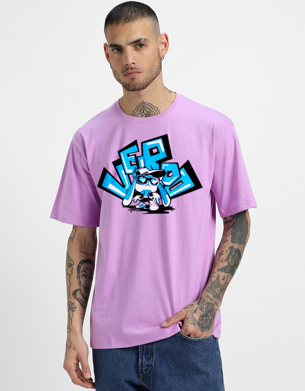 VEIRDO Lilac Oversized Typographic Brand Printed  Tshirt
