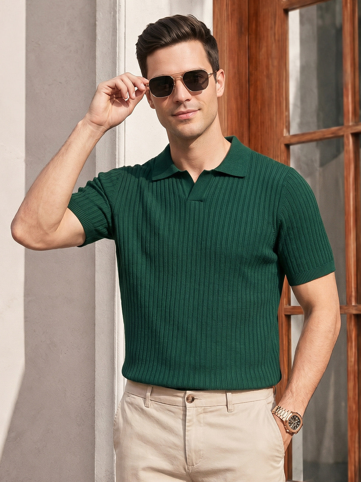 Green Ribbed Flatknit Textured Regular Fit Exclusive Polo T-Shirt