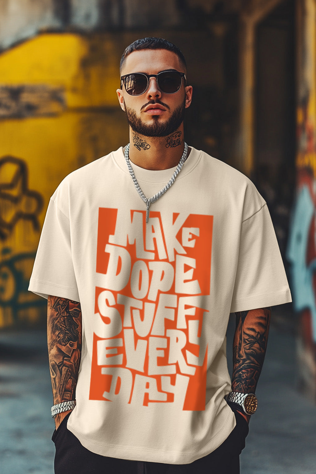 Dope Stuff Beige Oversized Front Graphic Printed Tshirt