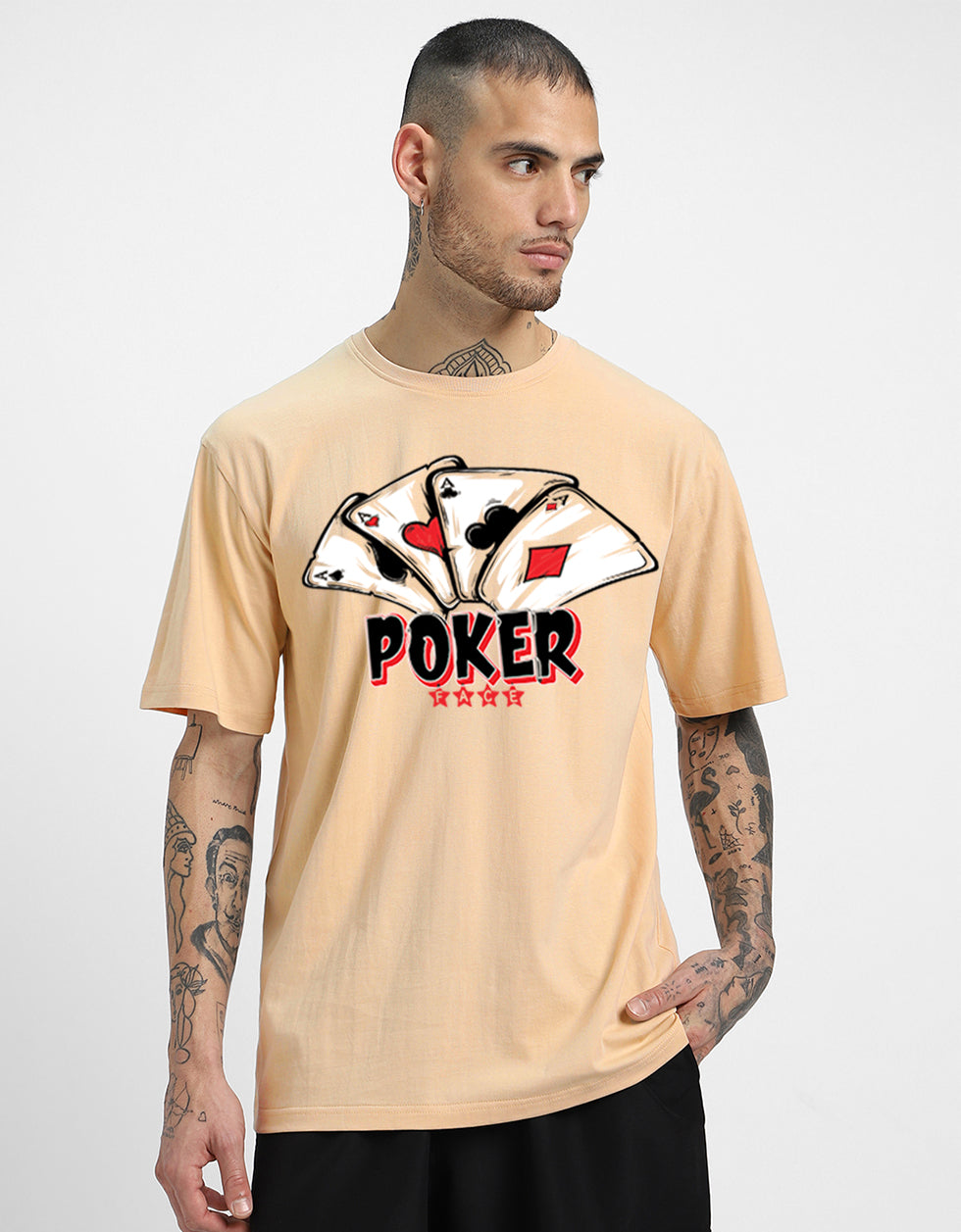 POKER Beige Oversized Front Graphic Printed Tshirt