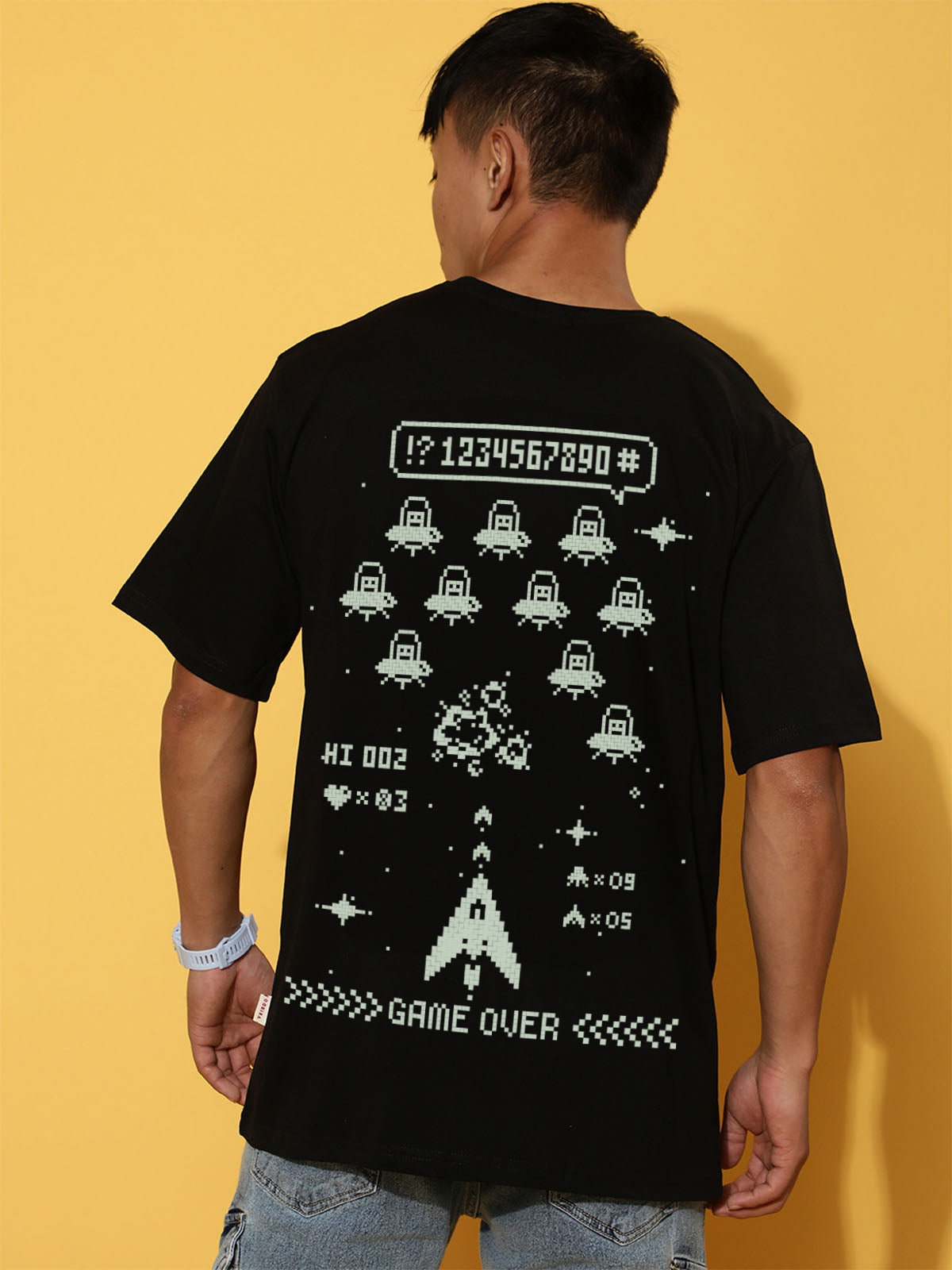 Game Over Black Oversized Back Graphic Printed Tshirt