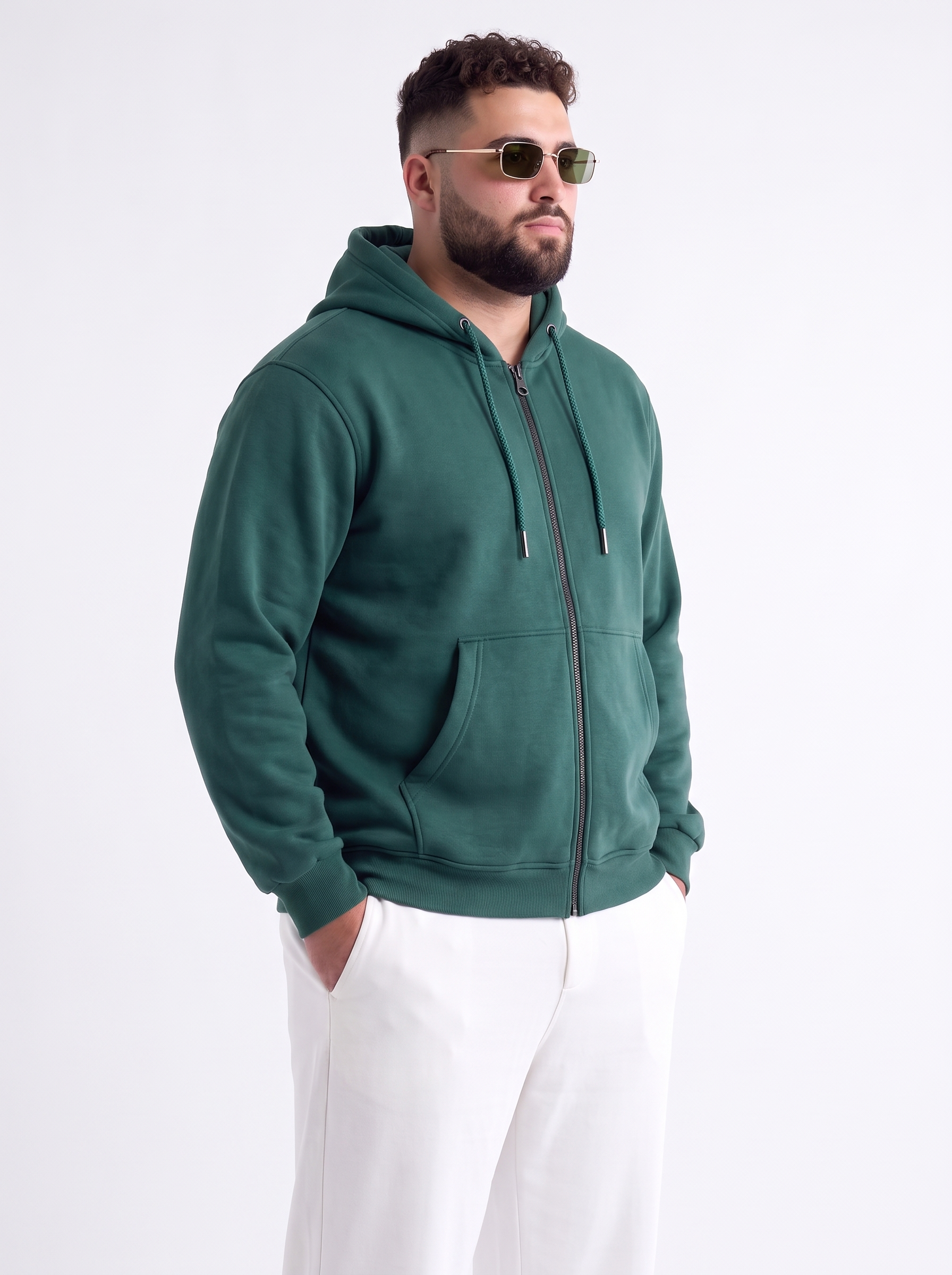 Green Ribbed Cuff Regular Fit Zip-Up Plus Size Hoodie
