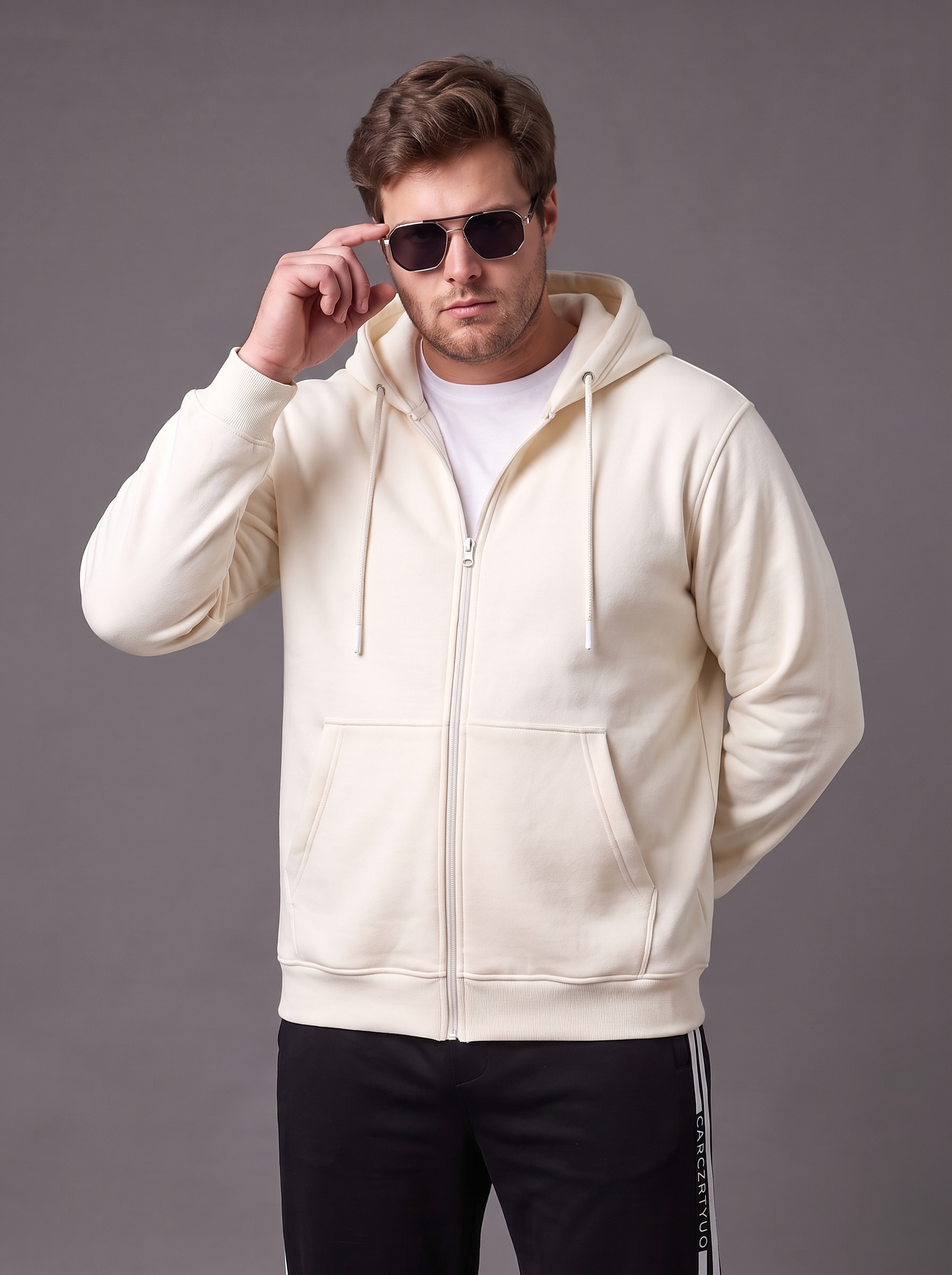 Beige Ribbed Cuff Regular Fit Zip-Up Plus Size Hoodie