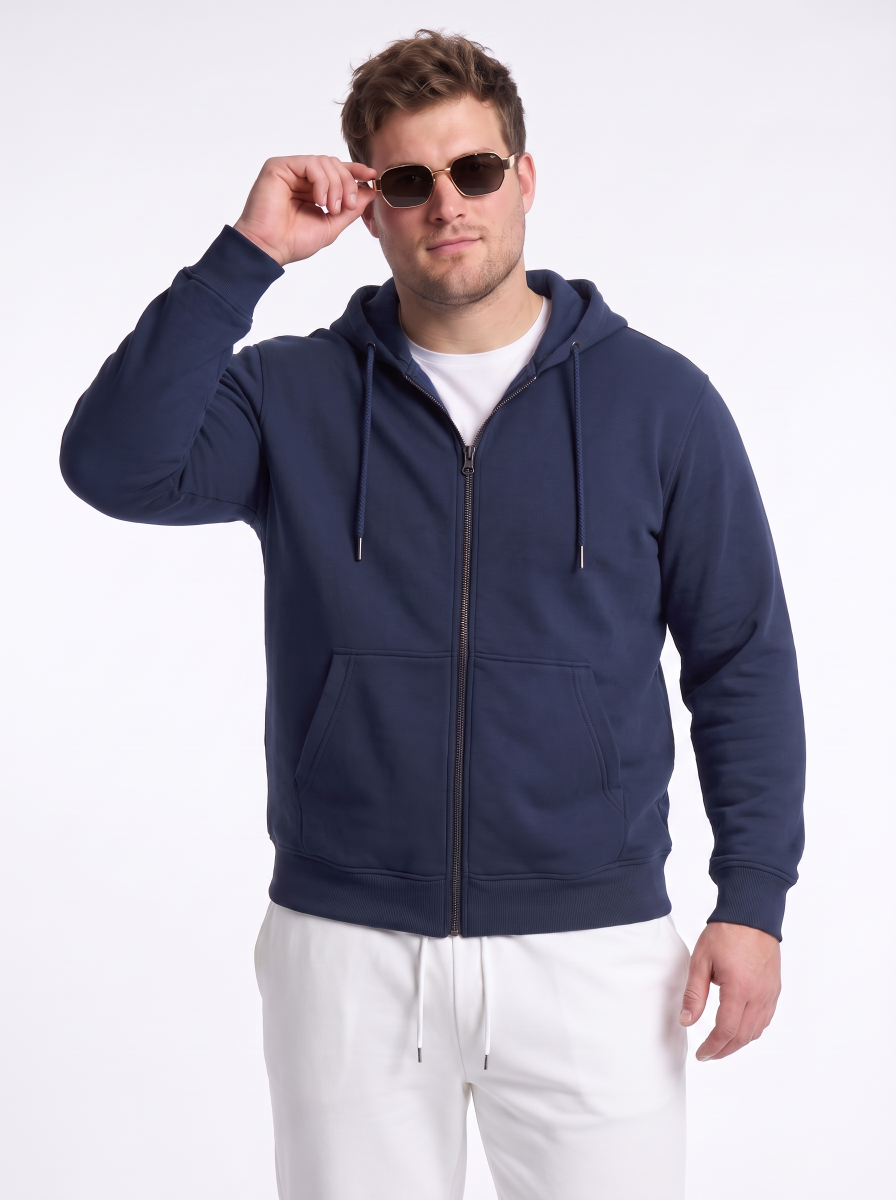 Navy Ribbed Cuff Regular Fit Zip-Up Plus Size Hoodie