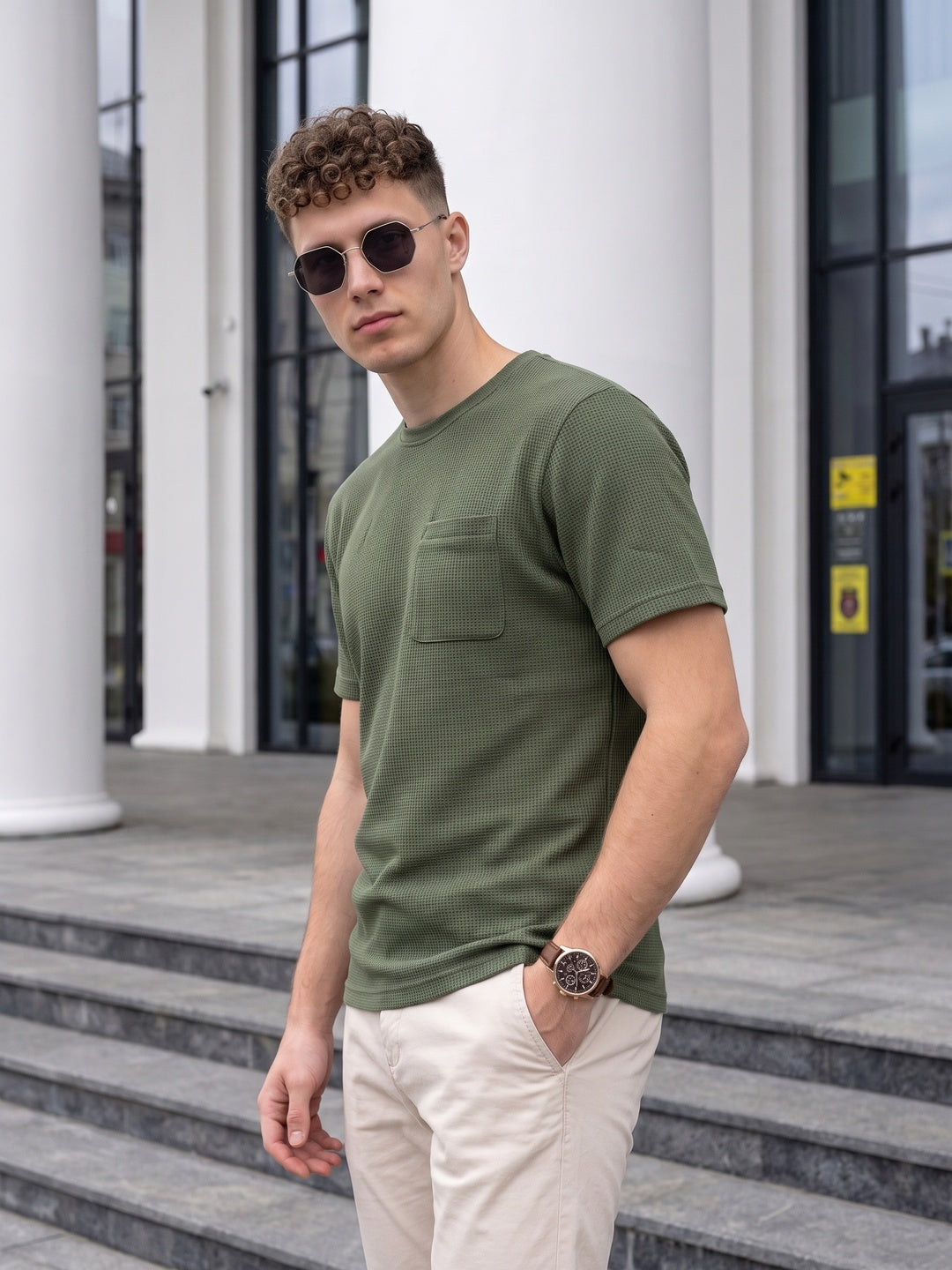 Olive Chest Pocket Waffle Textured Regular Fit T-Shirt