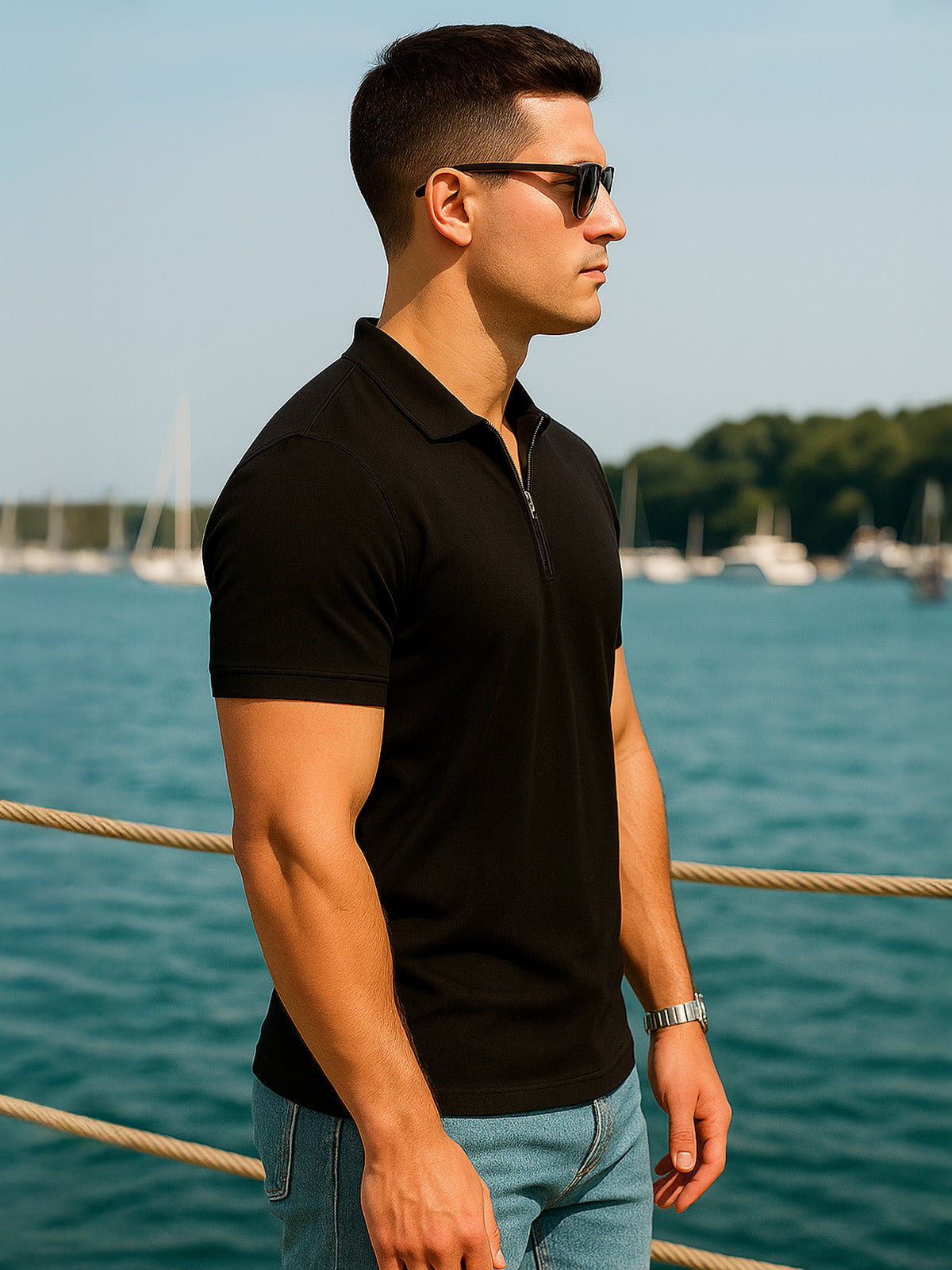 Black Pique Plain Regular Fit Zipper Polo T-shirt
