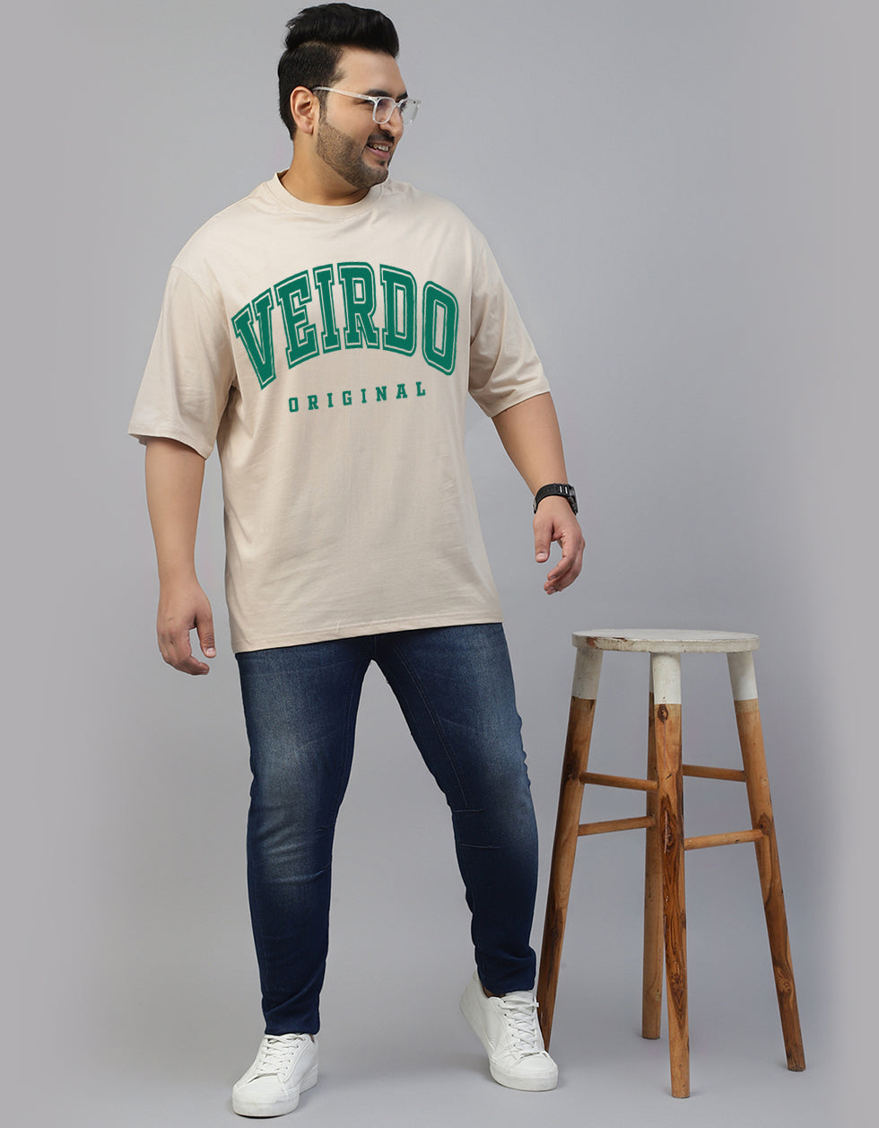 Veirdo Original Beige Oversized Plus Size Graphic Printed Tshirt