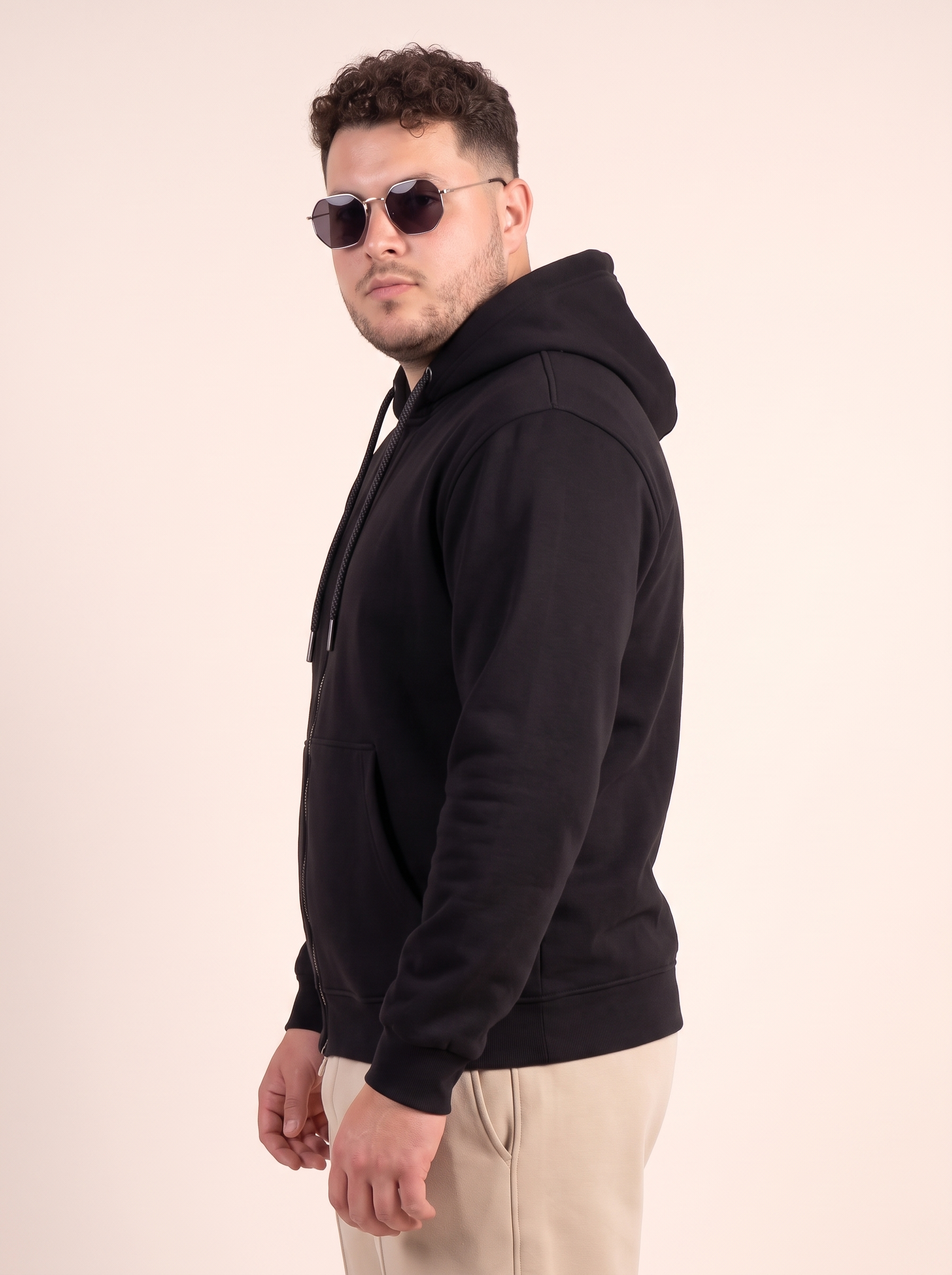 Black Ribbed Cuff Regular Fit Zip-Up Plus Size Hoodie