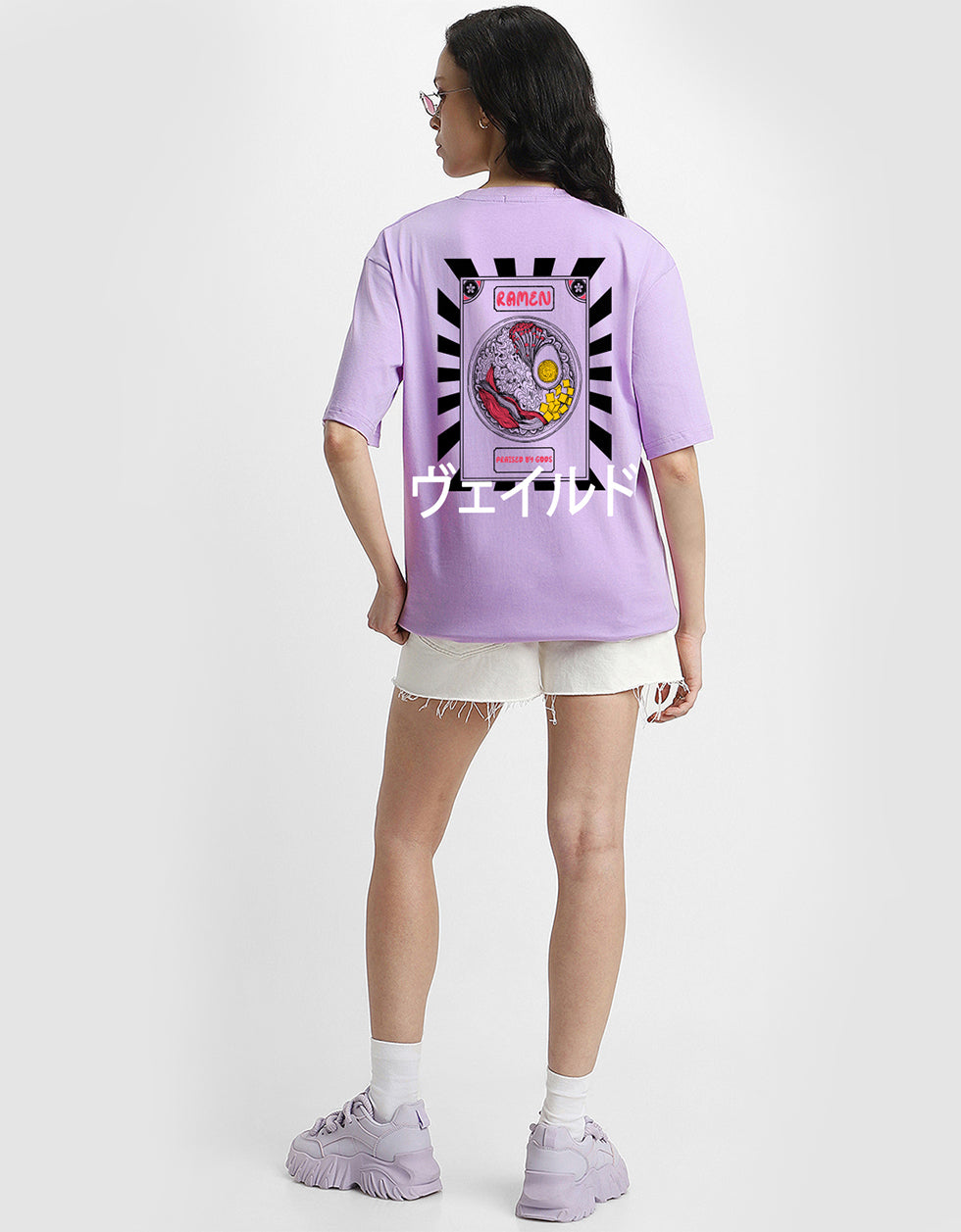 Ramen Women Lilac Oversized Back Graphic Printed Tshirt