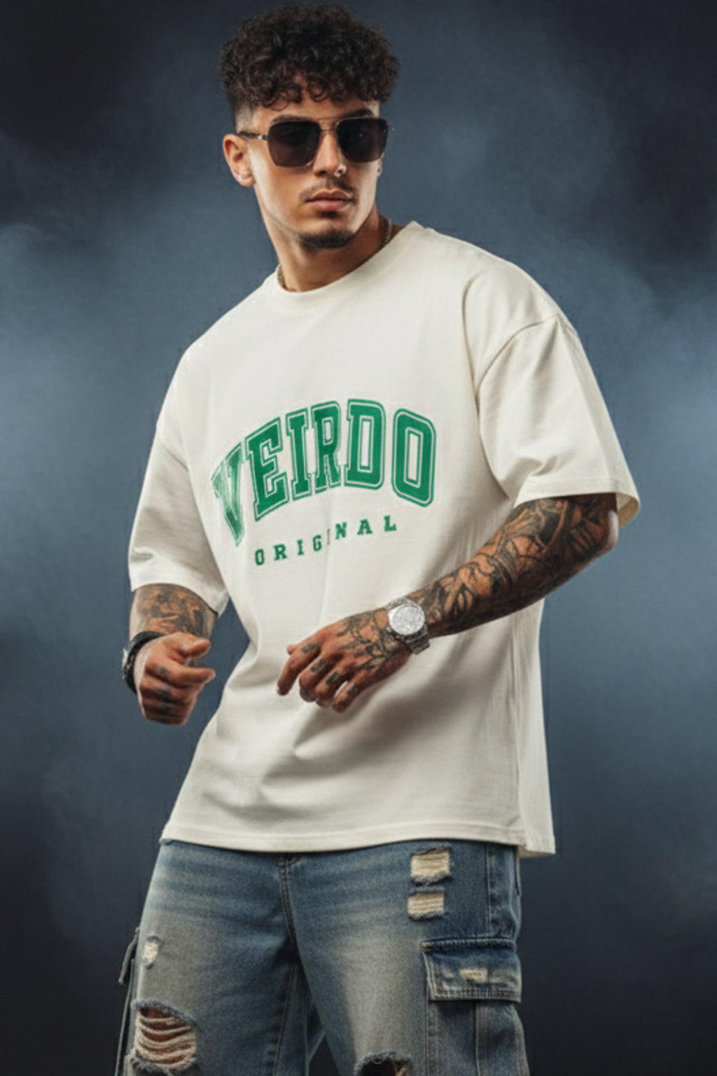 Veirdo Original Beige Oversized Typography Brand Printed  T-shirt