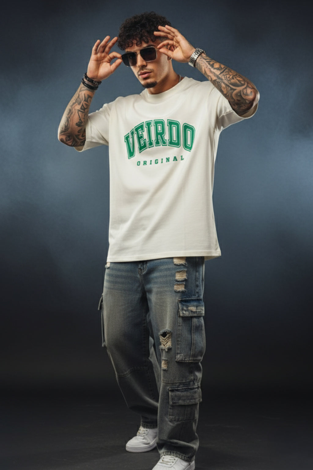 Veirdo Original Beige Oversized Typography Brand Printed  T-shirt