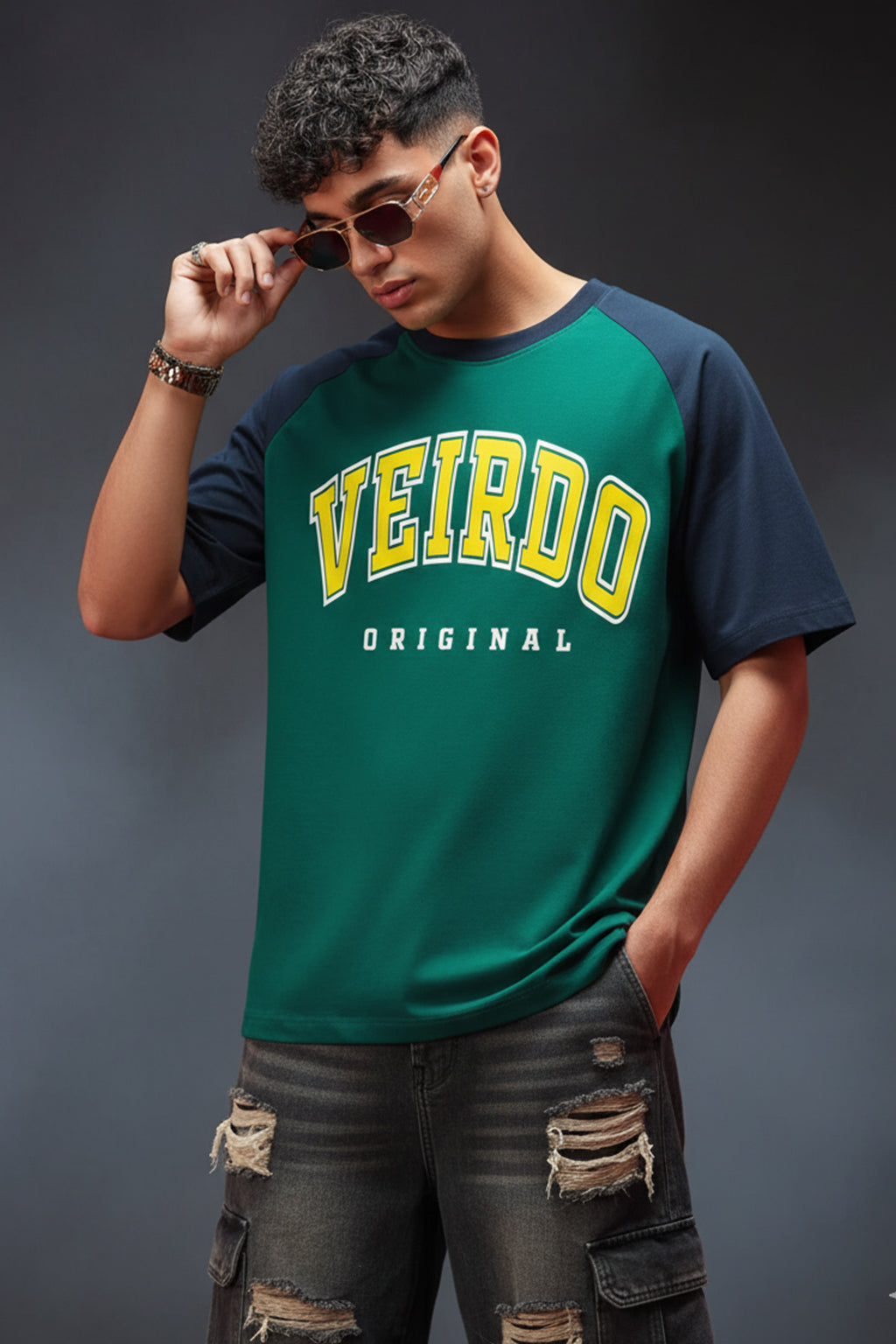 Veirdo Original Green Raglan Typography Printed T-shirt
