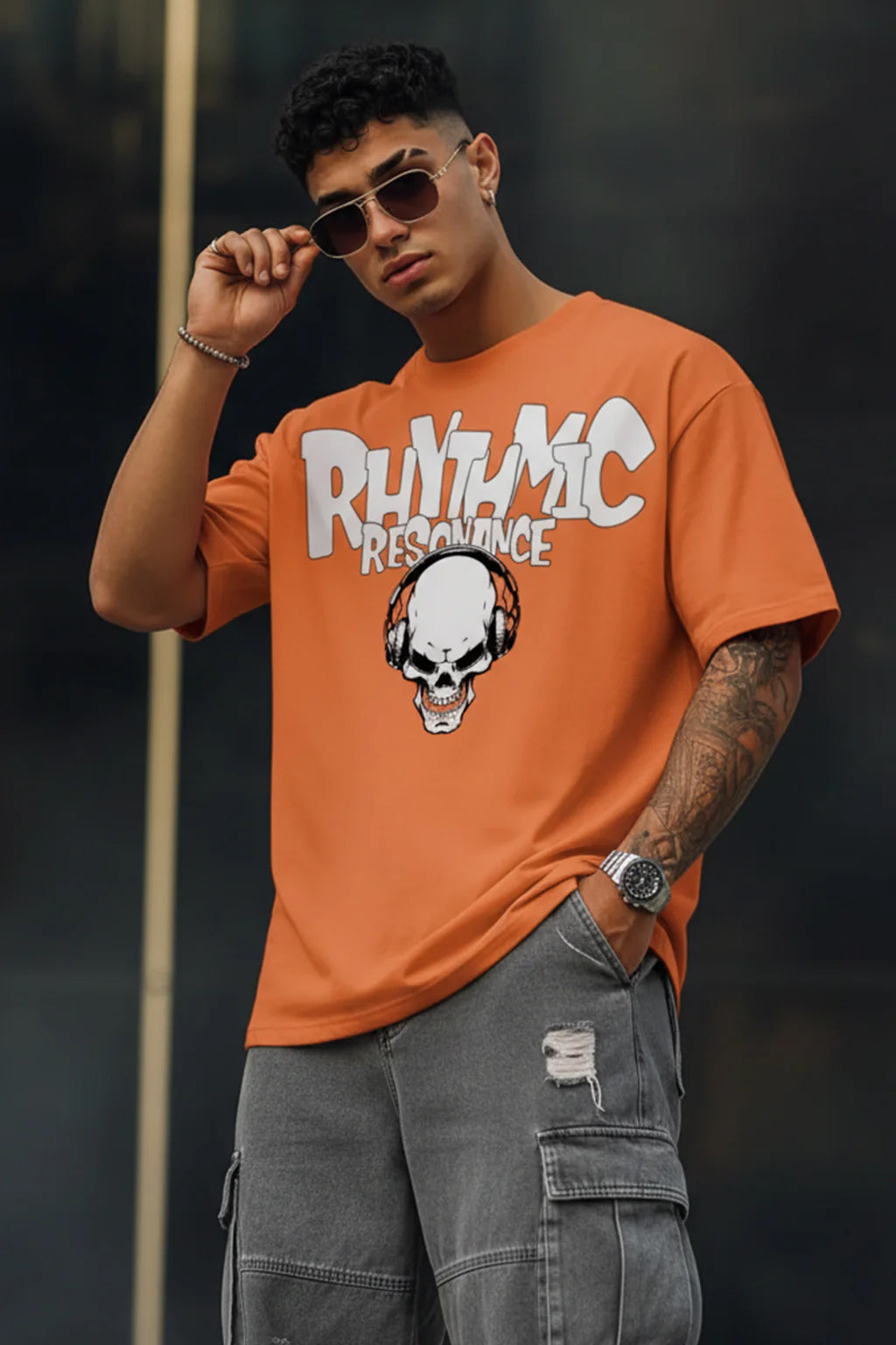 RHYTHMIC Orange Oversized Typographic Front Printed T-shirt