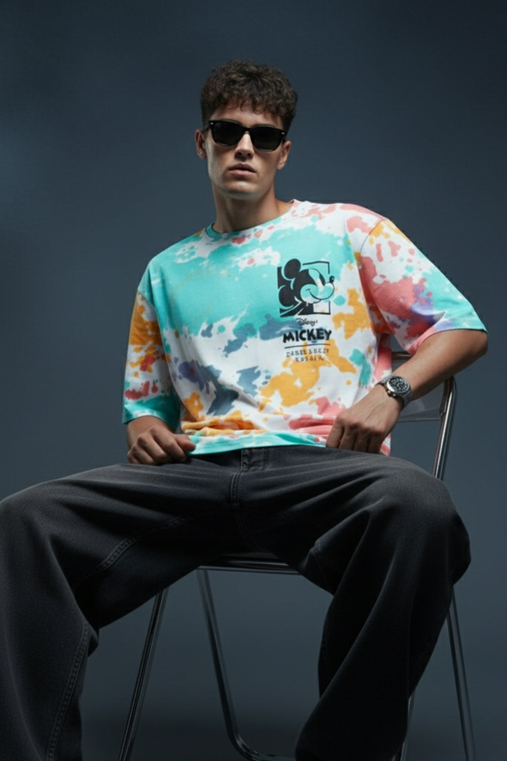Mickey Loves Music White Oversized Tie-Die Printed T-shirt